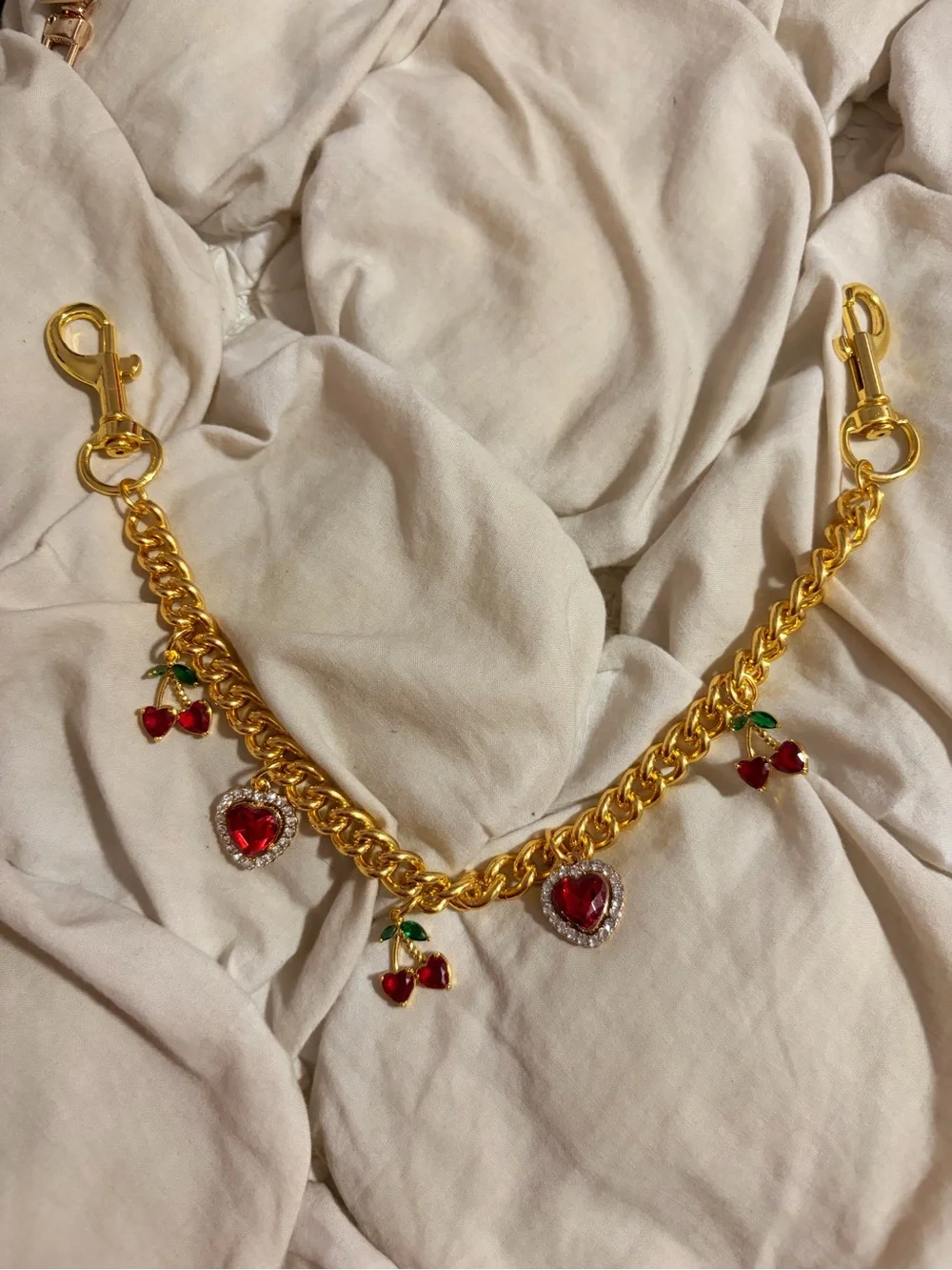 Free People Gold Tone Ruby Heart Crystal Cherry Multi-Charm Bag Chain Strap